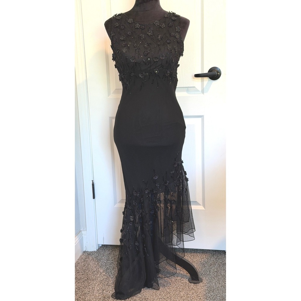 Cache Sz 4 Y2K Black Silk Beaded Floral Mermaid Gown Dress Fairycore Whimsigoth